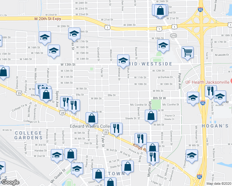 map of restaurants, bars, coffee shops, grocery stores, and more near 1544 West 9th Street in Jacksonville