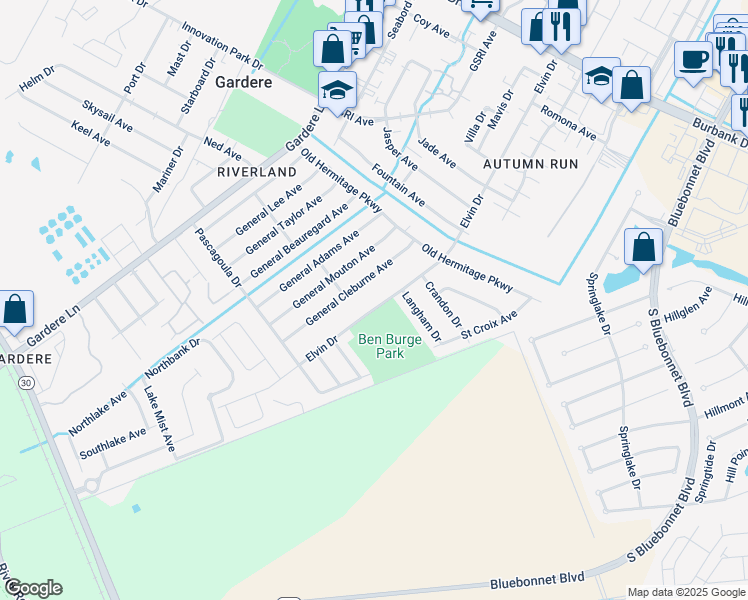 map of restaurants, bars, coffee shops, grocery stores, and more near 1820a Elvin Drive in Baton Rouge