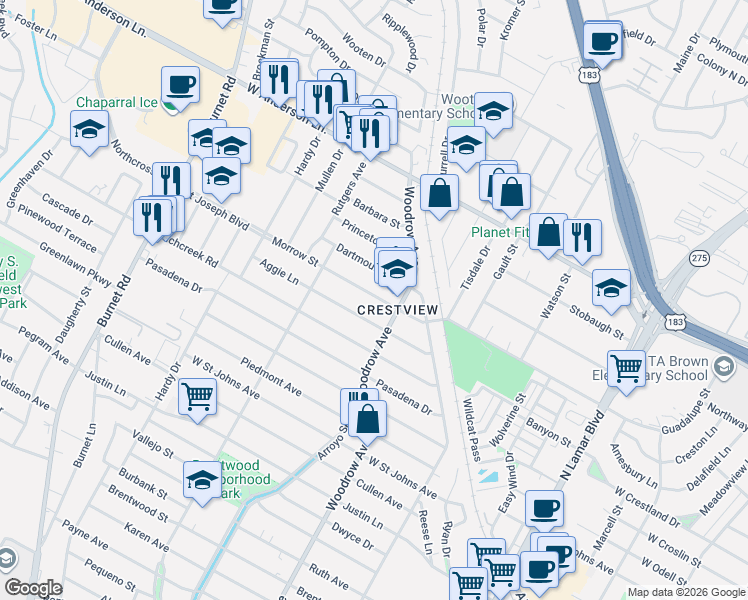 map of restaurants, bars, coffee shops, grocery stores, and more near 1513 Morrow Street in Austin