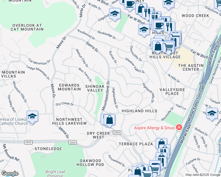 map of restaurants, bars, coffee shops, grocery stores, and more near 6110 Mountainclimb Drive in Austin
