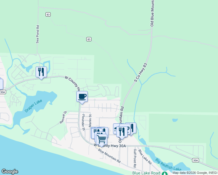 map of restaurants, bars, coffee shops, grocery stores, and more near 51 Emerald Beach Way in Santa Rosa Beach