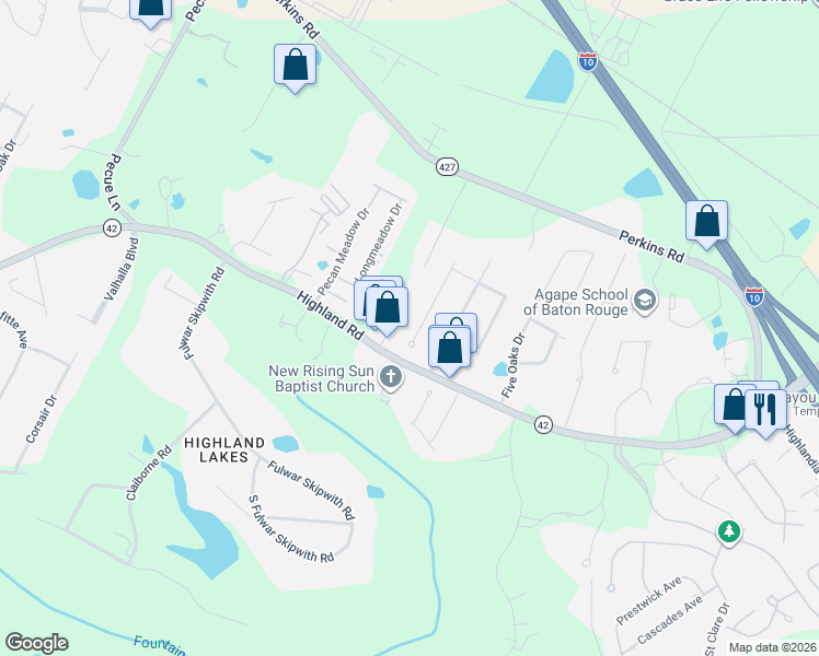 map of restaurants, bars, coffee shops, grocery stores, and more near 17838 British Lane in Baton Rouge