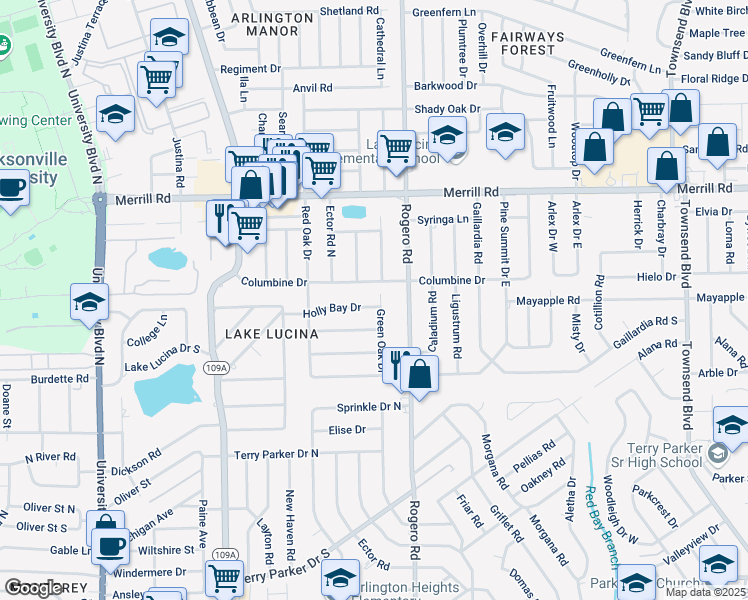 map of restaurants, bars, coffee shops, grocery stores, and more near 6335 Holly Bay Drive in Jacksonville