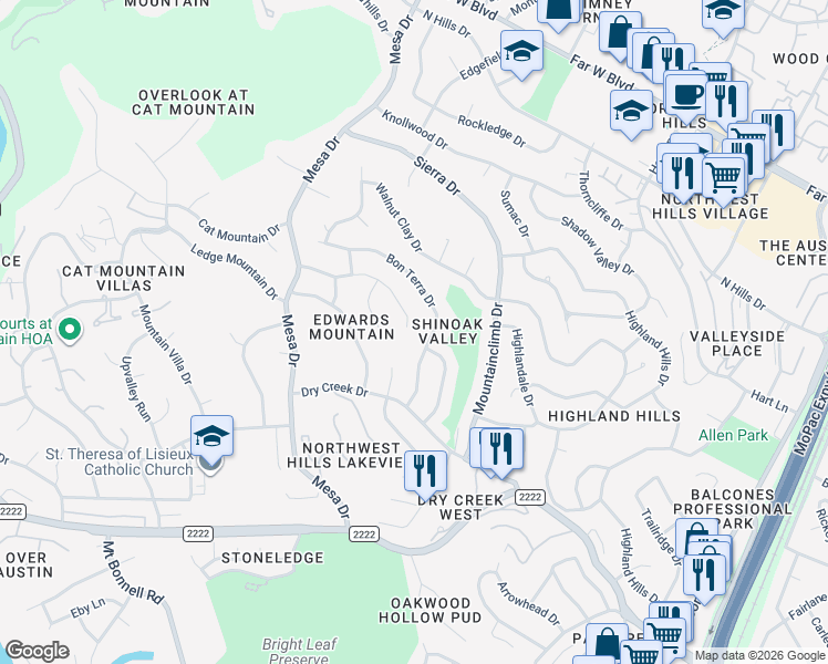 map of restaurants, bars, coffee shops, grocery stores, and more near 3804 Edwards Mountain Drive in Austin