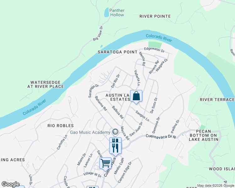 map of restaurants, bars, coffee shops, grocery stores, and more near 2402 De Soto Drive in Austin