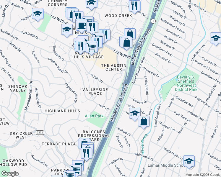 map of restaurants, bars, coffee shops, grocery stores, and more near 3431 North Hills Drive in Austin