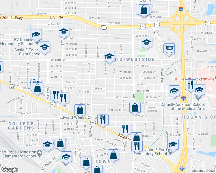 map of restaurants, bars, coffee shops, grocery stores, and more near 1490 West 9th Street in Jacksonville