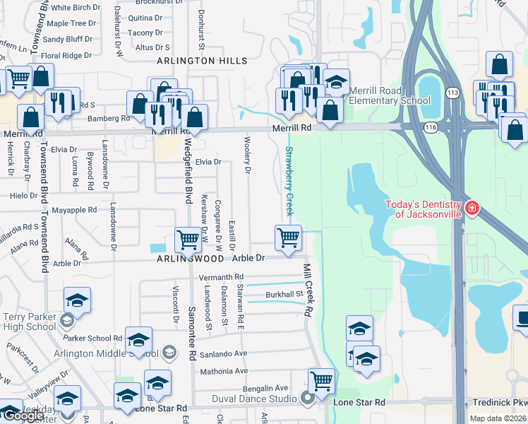 map of restaurants, bars, coffee shops, grocery stores, and more near 7920 Merrill Road in Jacksonville