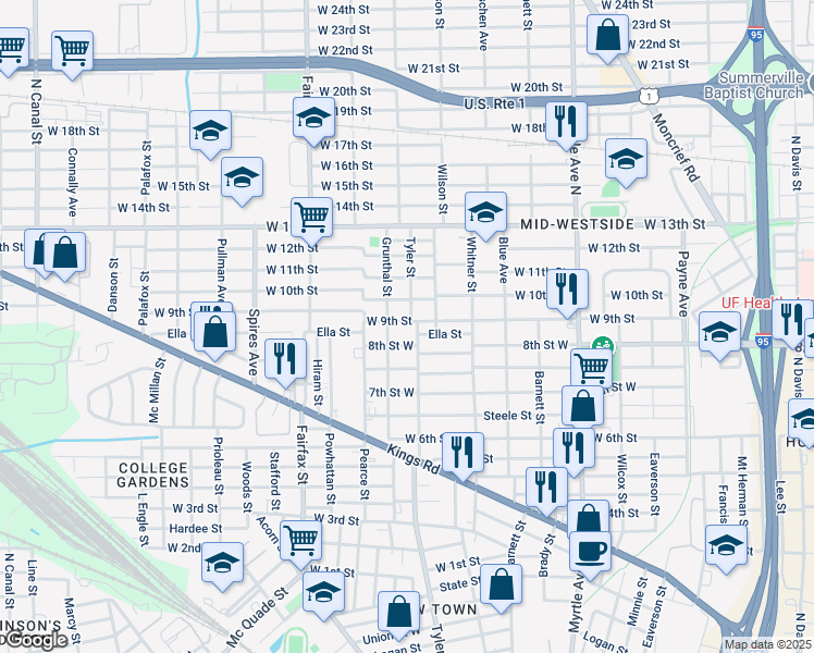 map of restaurants, bars, coffee shops, grocery stores, and more near 1610 West 9th Street in Jacksonville