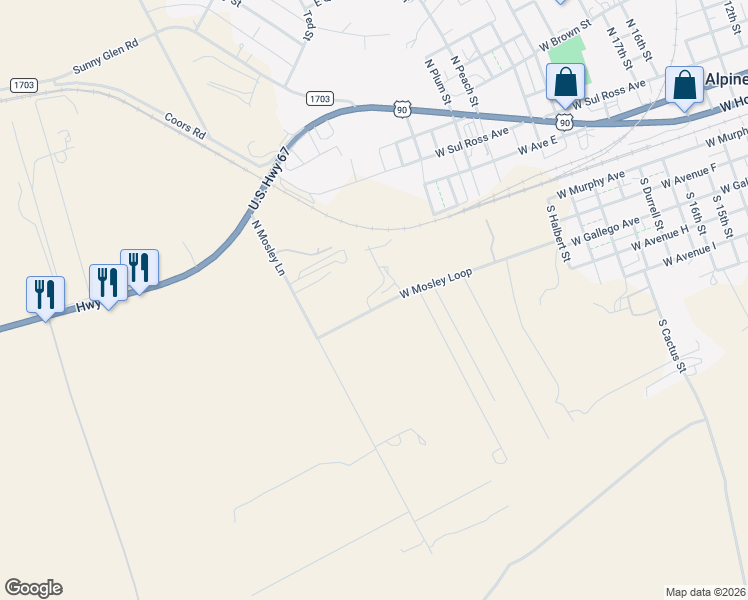 map of restaurants, bars, coffee shops, grocery stores, and more near 2201-2699 West Mosley Loop in Alpine
