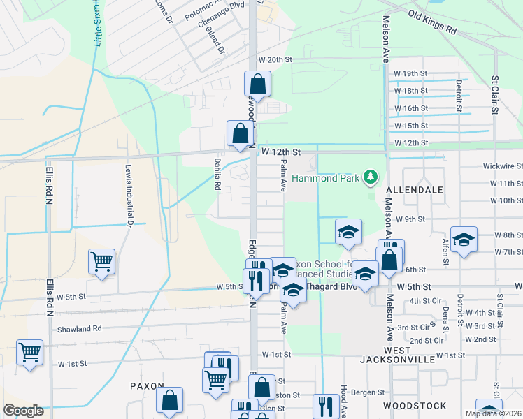 map of restaurants, bars, coffee shops, grocery stores, and more near 3540 Oleander Street in Jacksonville