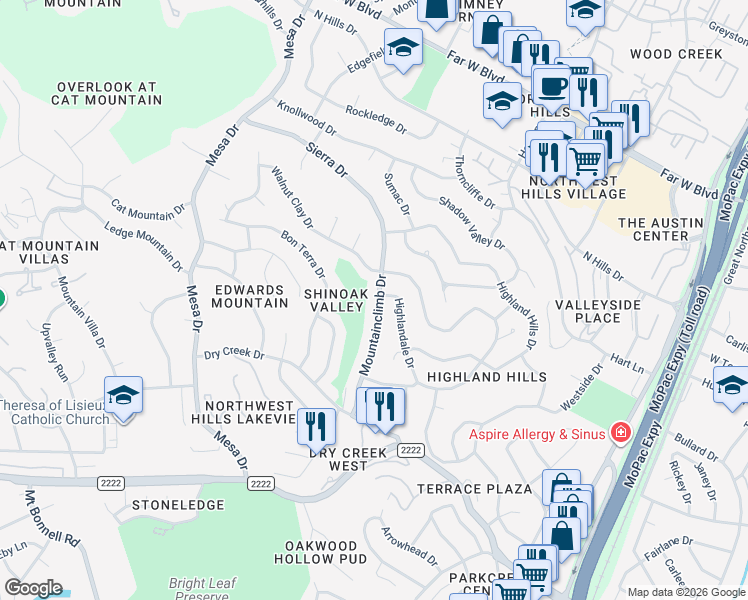 map of restaurants, bars, coffee shops, grocery stores, and more near 6110 Mountainclimb Drive in Austin