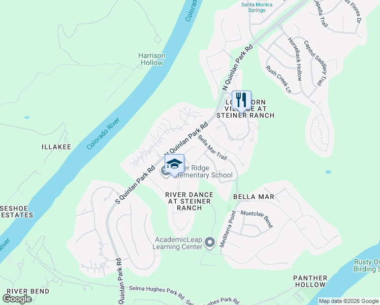map of restaurants, bars, coffee shops, grocery stores, and more near 313 El Socorro Lane in Austin