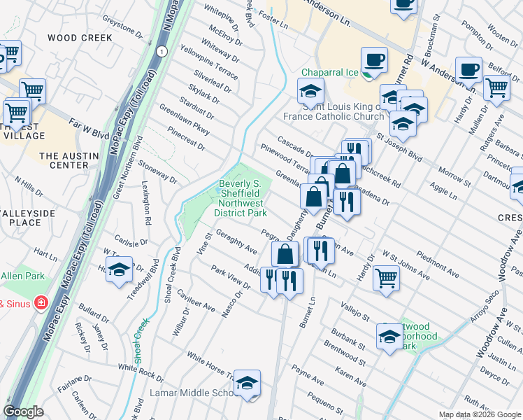 map of restaurants, bars, coffee shops, grocery stores, and more near 2611 Ellise Avenue in Austin