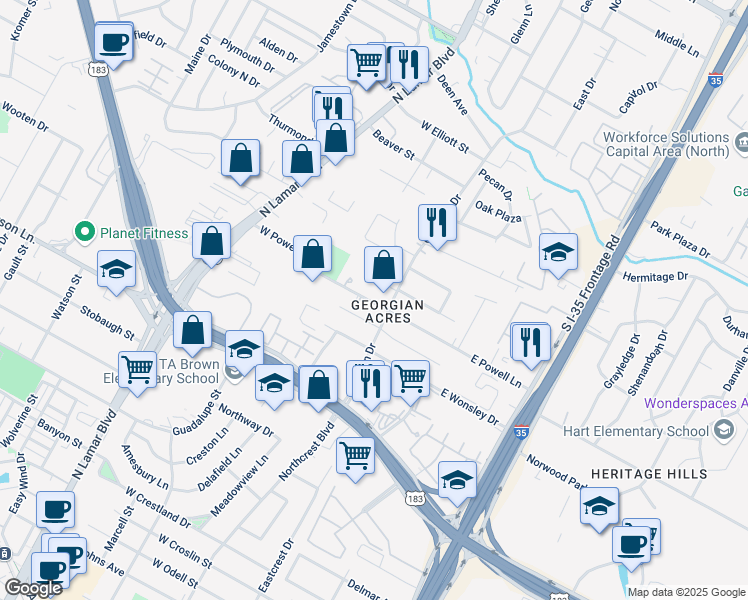 map of restaurants, bars, coffee shops, grocery stores, and more near 142 West Powell Lane in Austin