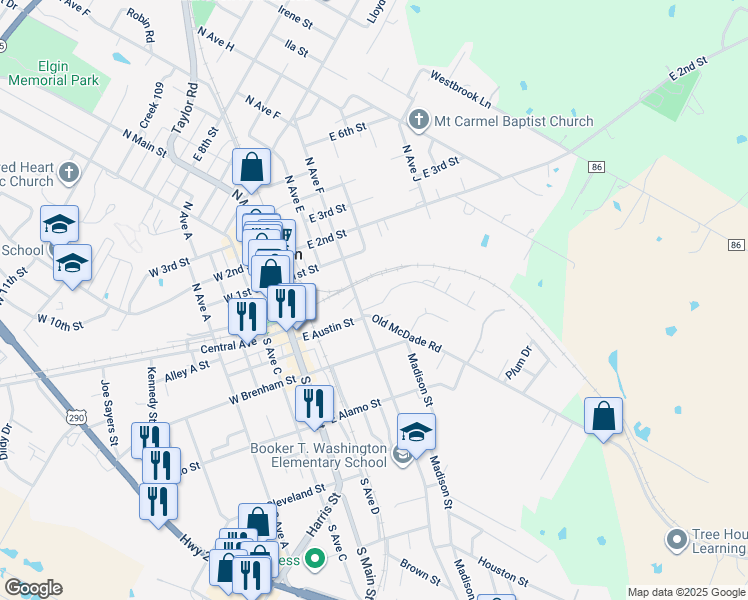 map of restaurants, bars, coffee shops, grocery stores, and more near 105 Maple Lane in Elgin