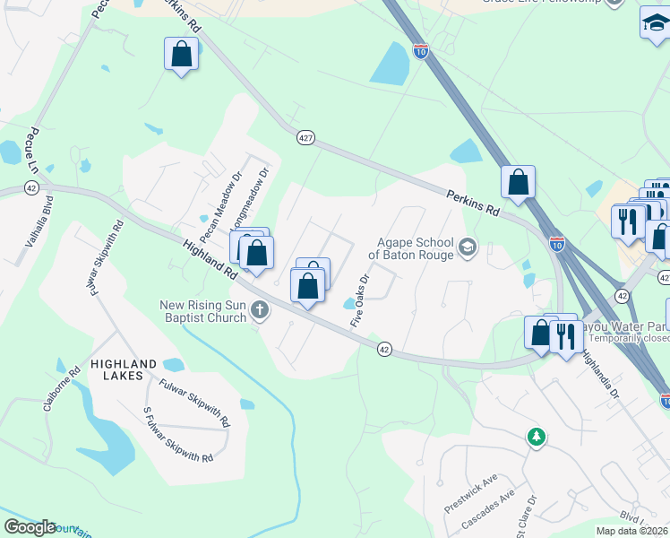 map of restaurants, bars, coffee shops, grocery stores, and more near 17826 West Colony Way in Baton Rouge
