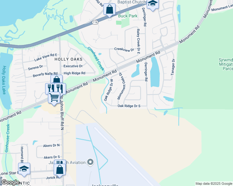 map of restaurants, bars, coffee shops, grocery stores, and more near 1617 Windlace Court in Jacksonville