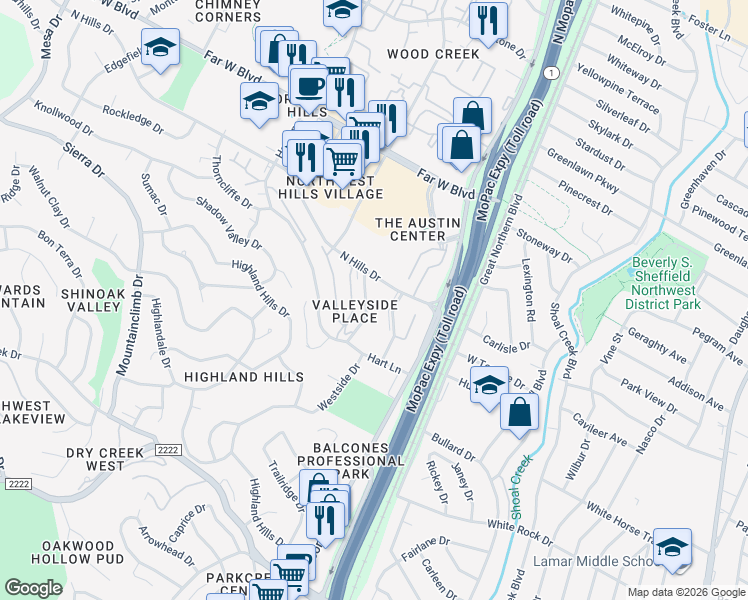 map of restaurants, bars, coffee shops, grocery stores, and more near 6619 Valleyside Road in Austin