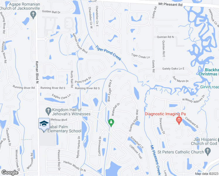 map of restaurants, bars, coffee shops, grocery stores, and more near 1302 Blue Eagle Way East in Jacksonville