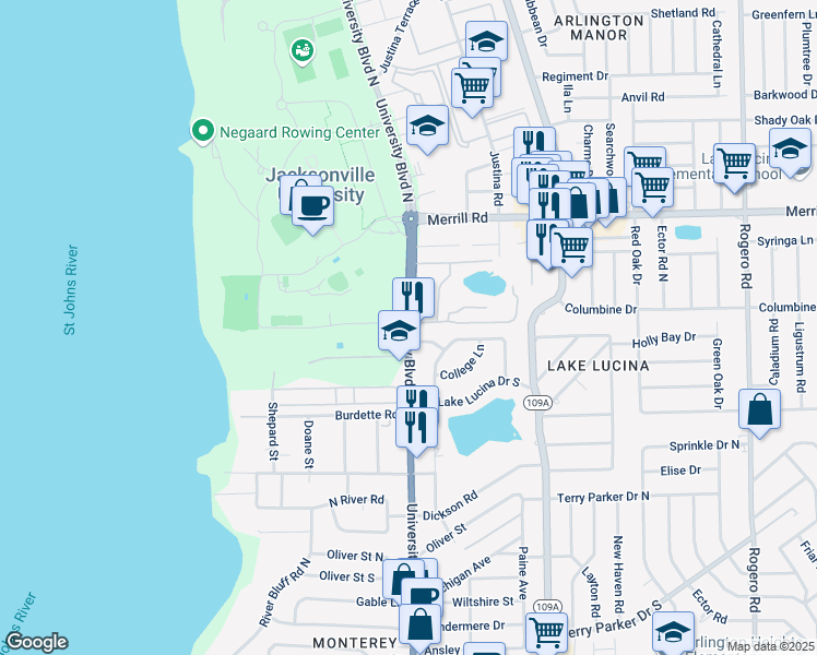 map of restaurants, bars, coffee shops, grocery stores, and more near 2600 University Boulevard North in Jacksonville