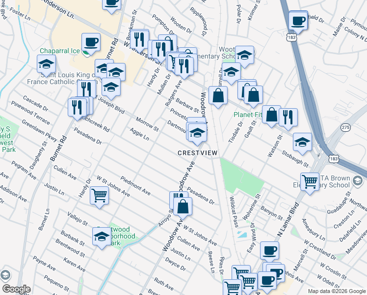 map of restaurants, bars, coffee shops, grocery stores, and more near 1513 Morrow Street in Austin