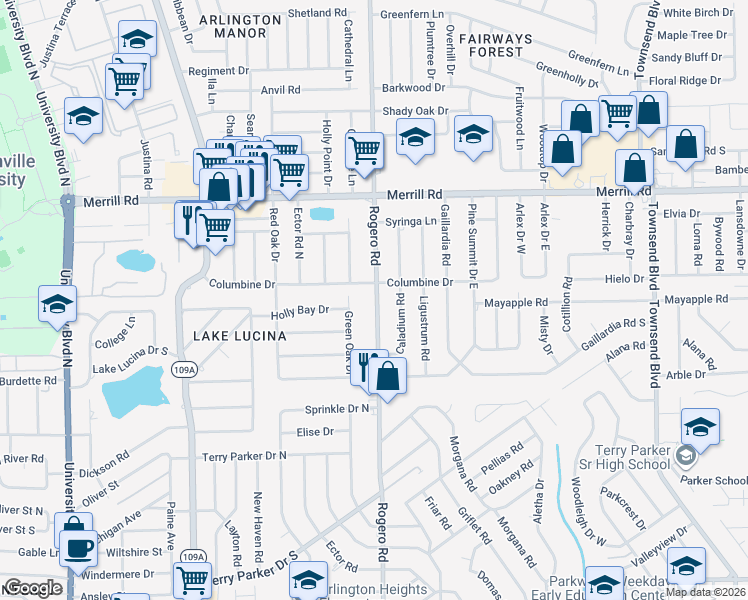 map of restaurants, bars, coffee shops, grocery stores, and more near 2430 Rogero Road in Jacksonville
