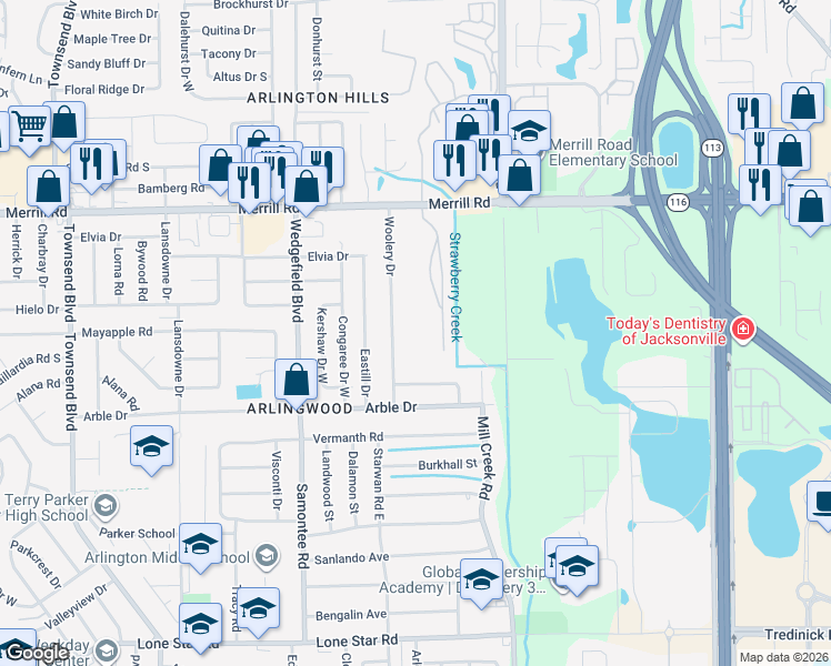 map of restaurants, bars, coffee shops, grocery stores, and more near 7920 Merrill Road in Jacksonville