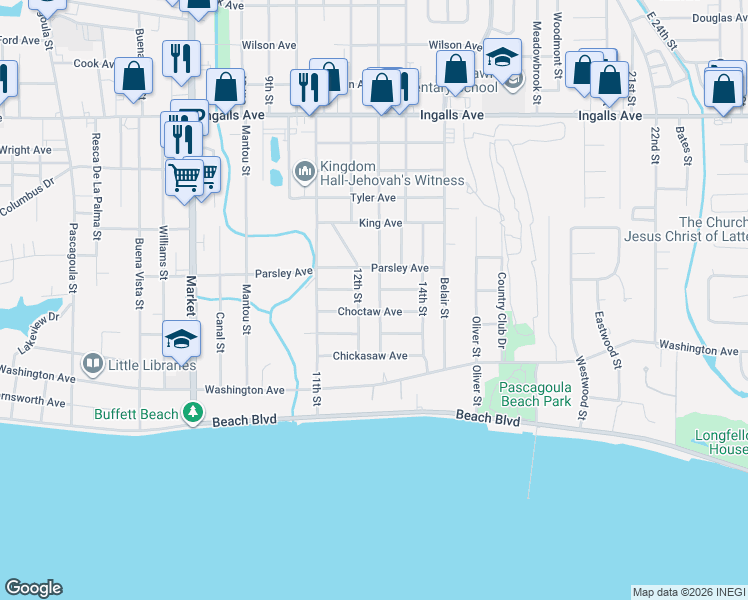 map of restaurants, bars, coffee shops, grocery stores, and more near 1003 13th St in Pascagoula