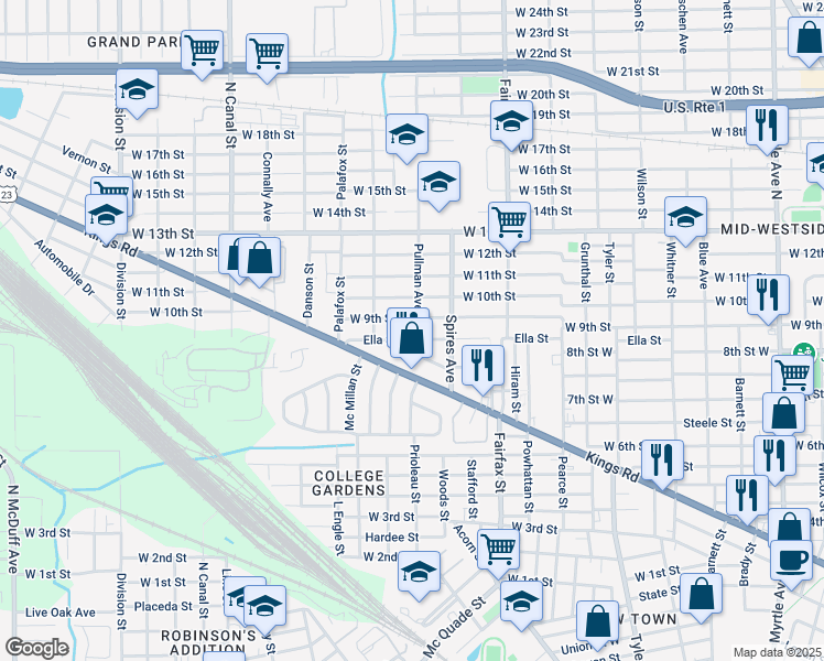 map of restaurants, bars, coffee shops, grocery stores, and more near 1808 Pullman Avenue in Jacksonville