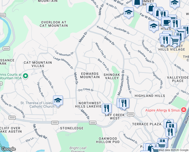 map of restaurants, bars, coffee shops, grocery stores, and more near 6208 Edwards Mountain Cove in Austin