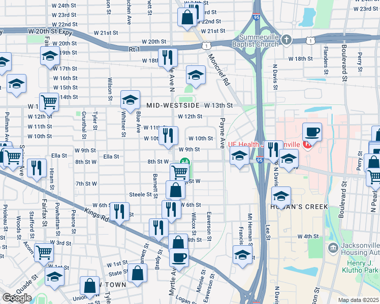 map of restaurants, bars, coffee shops, grocery stores, and more near 1828 Wilcox Street in Jacksonville