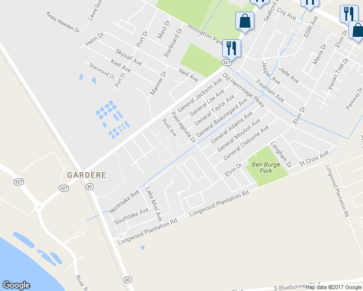 map of restaurants, bars, coffee shops, grocery stores, and more near 8623 Rush Avenue in Baton Rouge