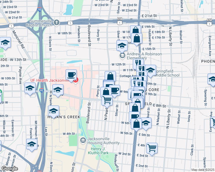 map of restaurants, bars, coffee shops, grocery stores, and more near 1922 North Pearl Street in Jacksonville