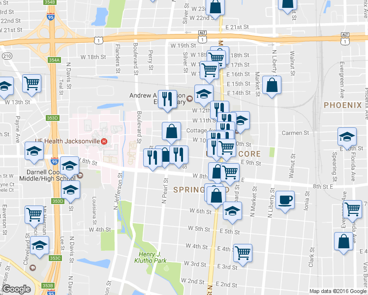 map of restaurants, bars, coffee shops, grocery stores, and more near 1926 Silver Street in Jacksonville