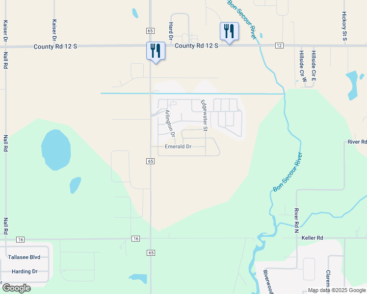 map of restaurants, bars, coffee shops, grocery stores, and more near Emerald Drive in Foley