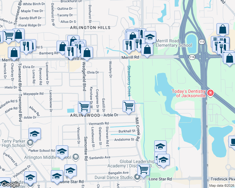 map of restaurants, bars, coffee shops, grocery stores, and more near 7920 Merrill Road in Jacksonville