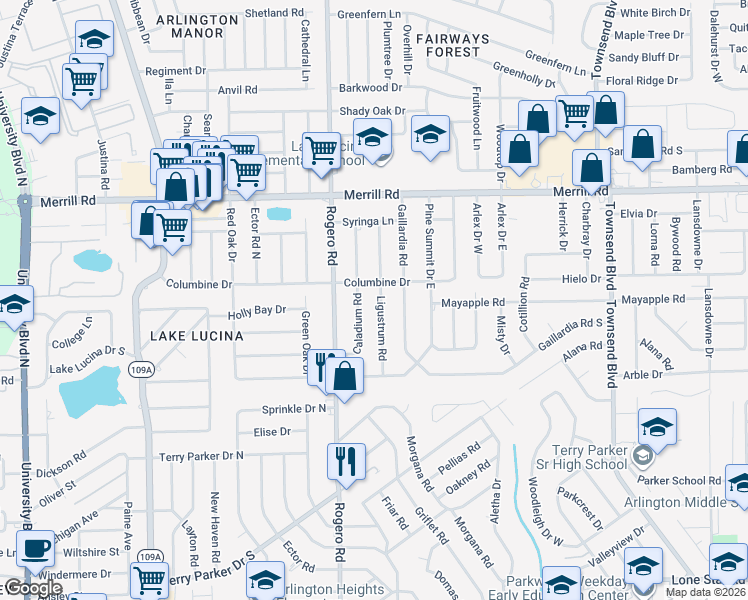 map of restaurants, bars, coffee shops, grocery stores, and more near 2431 Caladium Road in Jacksonville