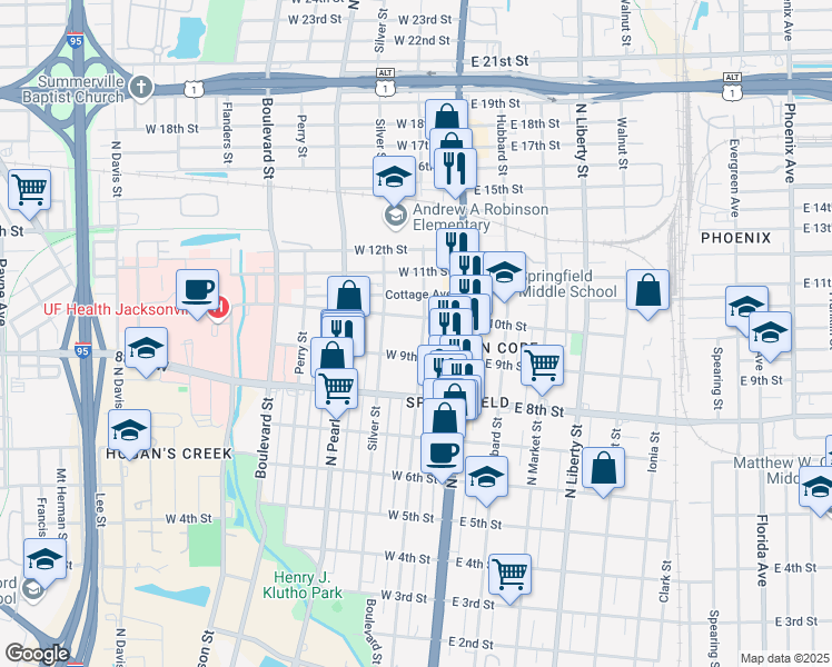 map of restaurants, bars, coffee shops, grocery stores, and more near 1936 North Laura Street in Jacksonville