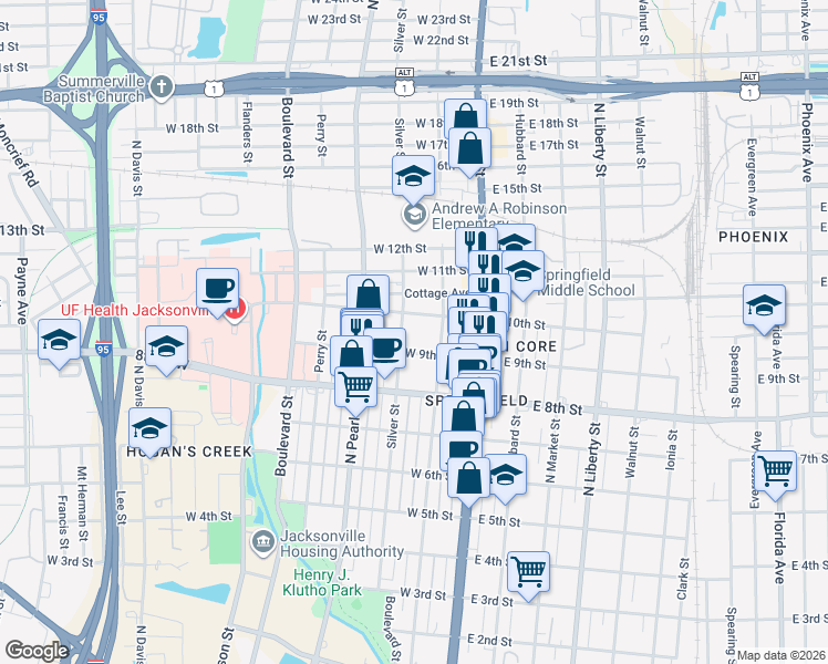 map of restaurants, bars, coffee shops, grocery stores, and more near 1926 Silver Street in Jacksonville