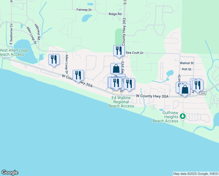 map of restaurants, bars, coffee shops, grocery stores, and more near Spires Lane in Santa Rosa Beach