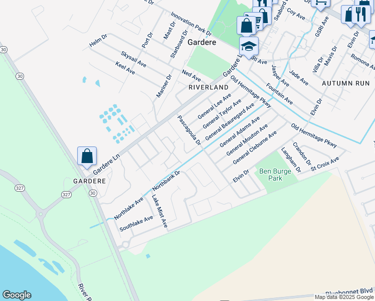 map of restaurants, bars, coffee shops, grocery stores, and more near 8623 Rush Avenue in Baton Rouge