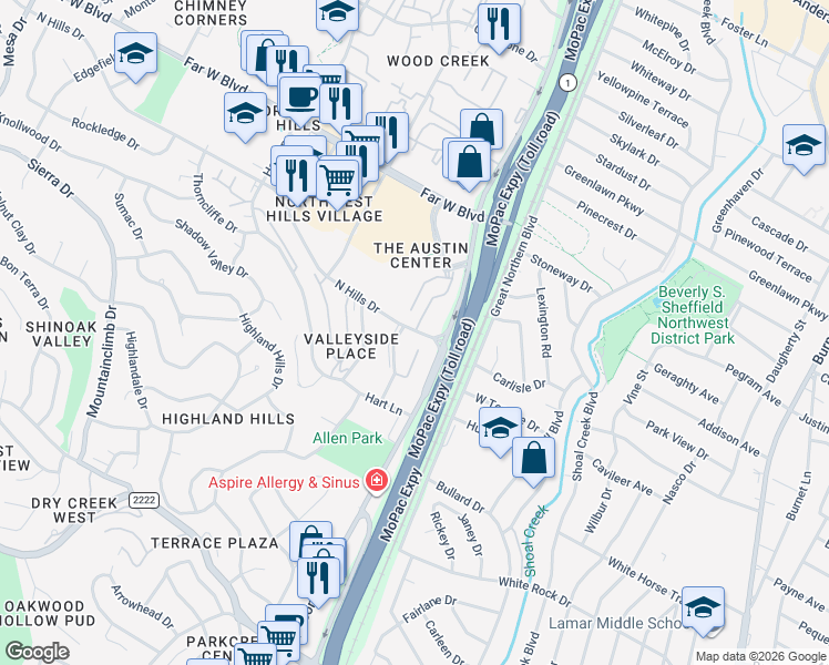 map of restaurants, bars, coffee shops, grocery stores, and more near 3431 North Hills Drive in Austin