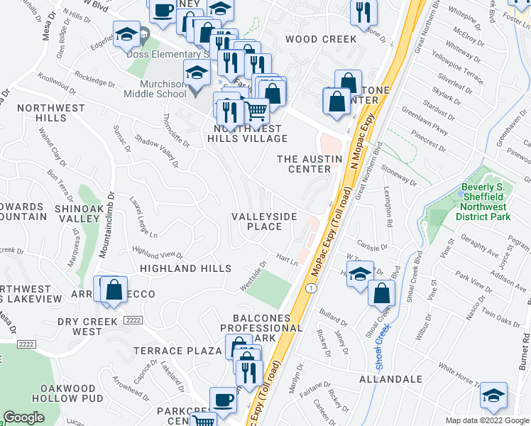 map of restaurants, bars, coffee shops, grocery stores, and more near 3517 North Hills Drive in Austin
