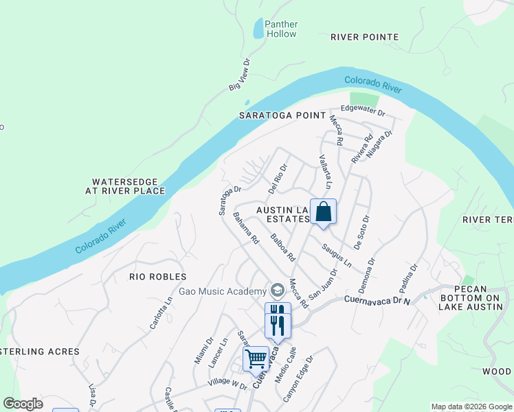 map of restaurants, bars, coffee shops, grocery stores, and more near 2407 Bahama Road in Austin