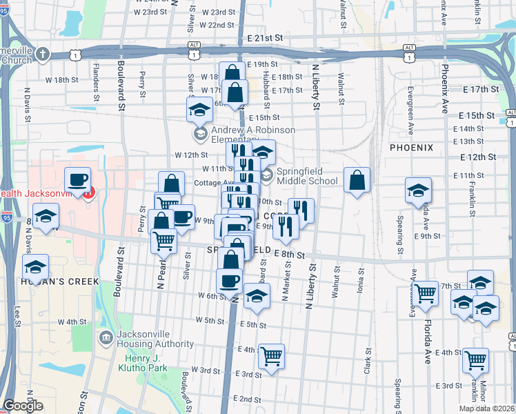 map of restaurants, bars, coffee shops, grocery stores, and more near 32 East 10th Street in Jacksonville