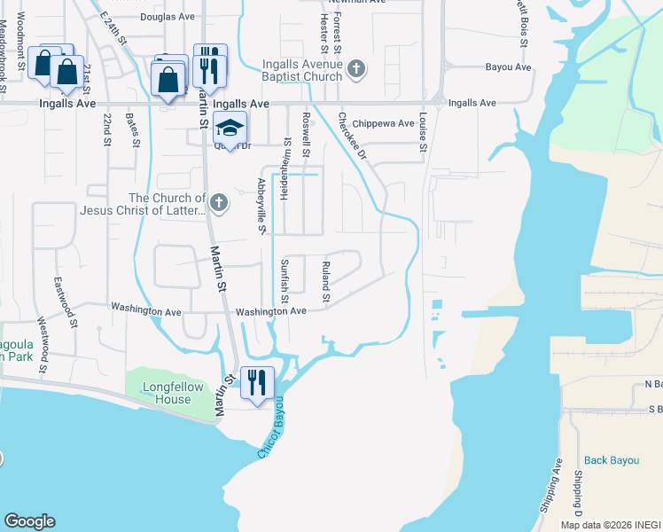 map of restaurants, bars, coffee shops, grocery stores, and more near 1008 Ruland St in Pascagoula