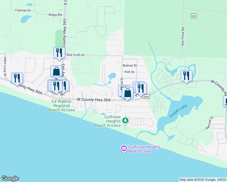 map of restaurants, bars, coffee shops, grocery stores, and more near 76 Hidden Lake Way in Santa Rosa Beach
