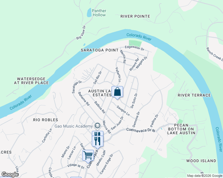 map of restaurants, bars, coffee shops, grocery stores, and more near 2500 De Soto Dr in Austin