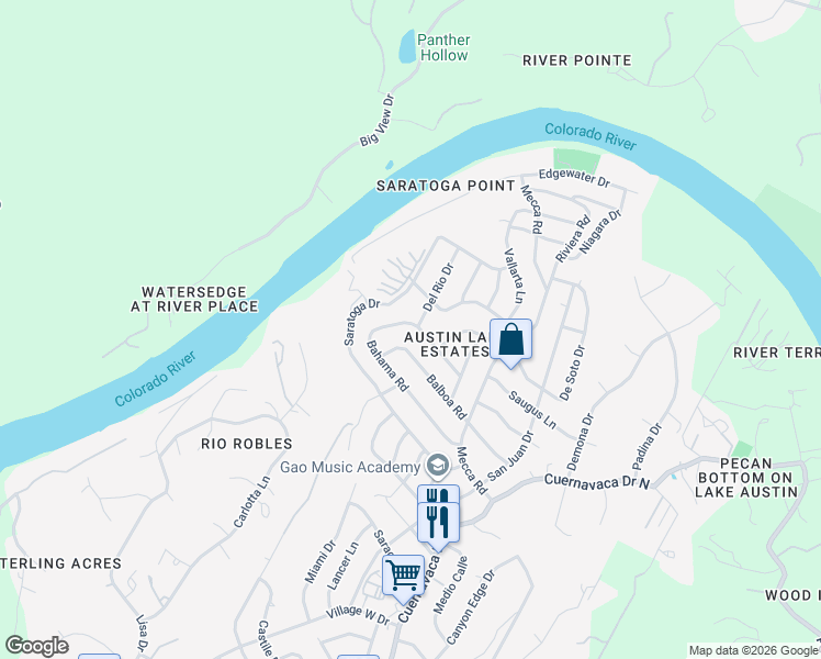 map of restaurants, bars, coffee shops, grocery stores, and more near 2407 Bahama Road in Austin